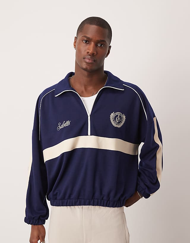 asos ASOS DESIGN oversized dropped shoulder boxy half zip jumper with chest print in navy