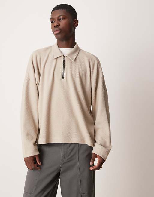 Asos ASOS DESIGN Oversized Dropped Shoulder Boxy Heavyweight Textured Polo Jumper In Beige