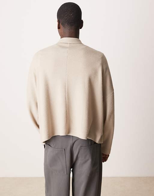 Asos ASOS DESIGN Oversized Dropped Shoulder Boxy Heavyweight Textured Polo Jumper In Beige