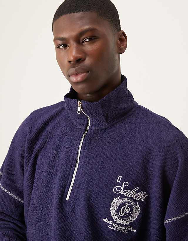 Asos ASOS DESIGN Oversized Dropped Shoulder Funnel Neck Sweatshirt With Embroidery In Navy