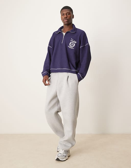 Asos ASOS DESIGN Oversized Dropped Shoulder Funnel Neck Sweatshirt With Embroidery In Navy