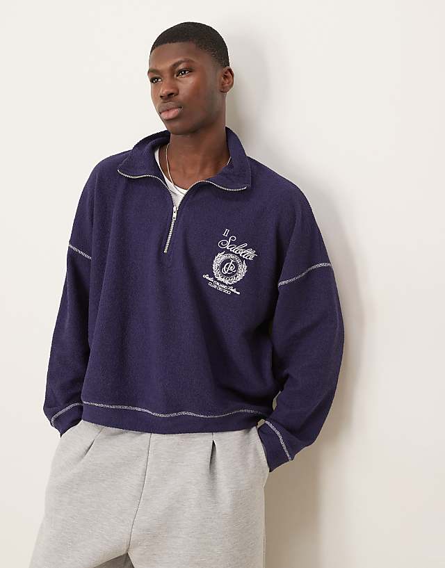 asos ASOS DESIGN oversized dropped shoulder funnel neck sweatshirt with embroidery in navy