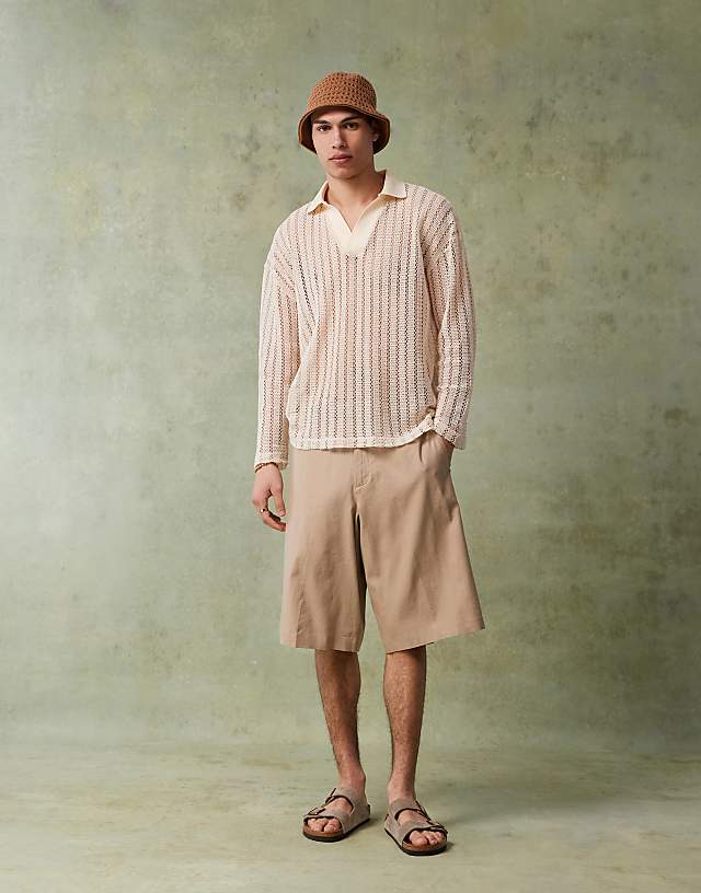 Asos ASOS DESIGN Oversized Dropped Shoulder Polo In Beige Crochet