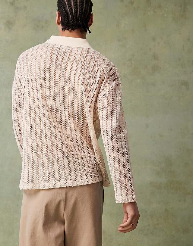 Asos ASOS DESIGN Oversized Dropped Shoulder Polo In Beige Crochet