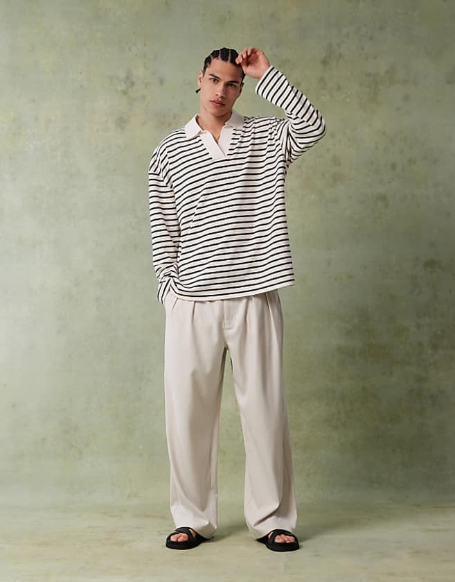 Asos ASOS DESIGN Oversized Dropped Shoulder Polo In Black And White Textured Stripe