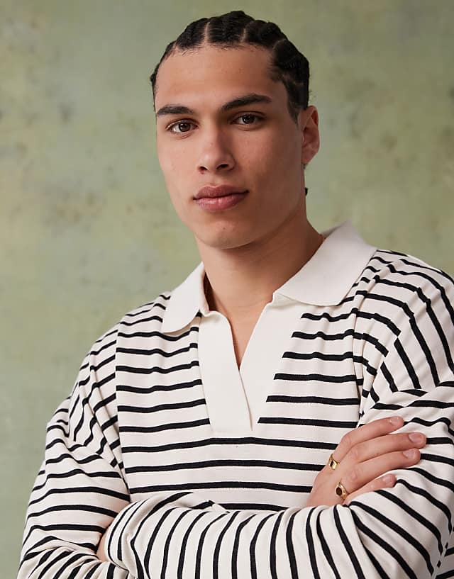 Asos ASOS DESIGN Oversized Dropped Shoulder Polo In Black And White Textured Stripe