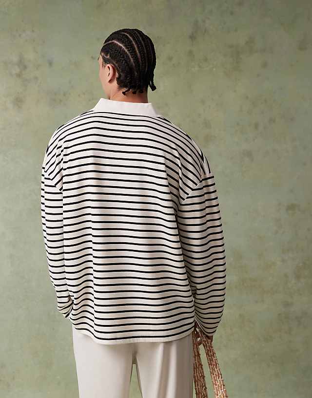 Asos ASOS DESIGN Oversized Dropped Shoulder Polo In Black And White Textured Stripe