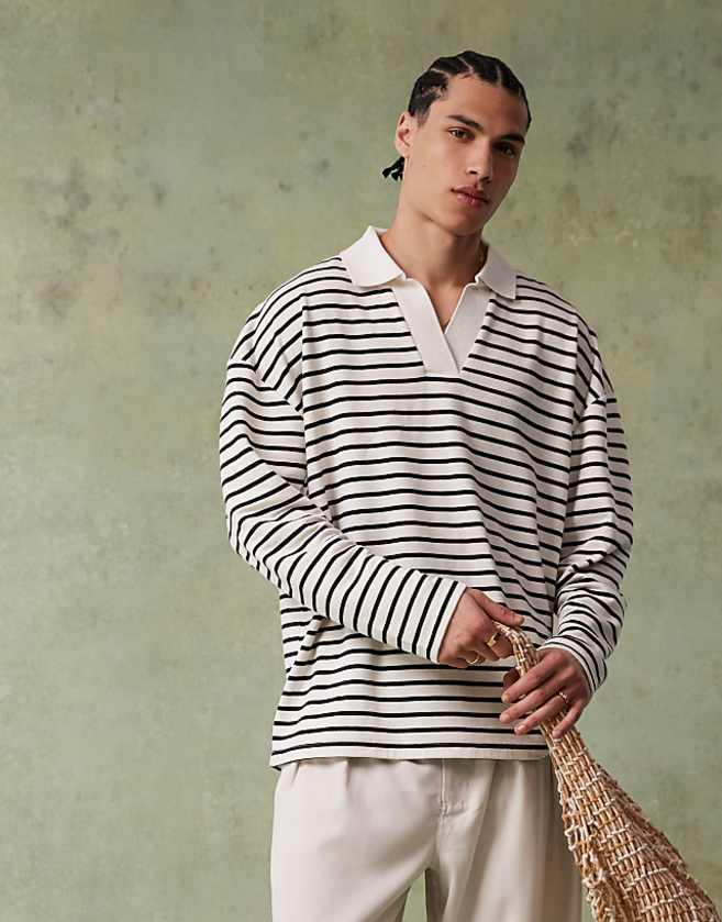 asos ASOS DESIGN oversized dropped shoulder polo in black and white textured stripe