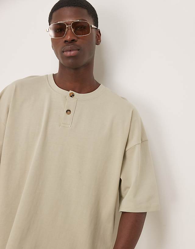asos ASOS DESIGN oversized dropped shoulder short sleeve henley in ivy green