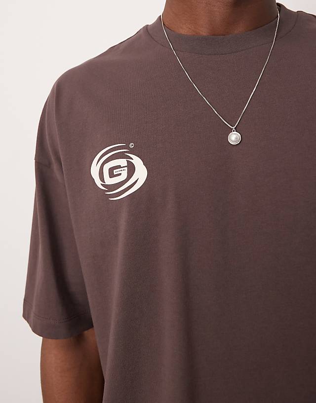 Asos ASOS DESIGN Oversized Dropped Shoulder Tee With Print Detail In Brown