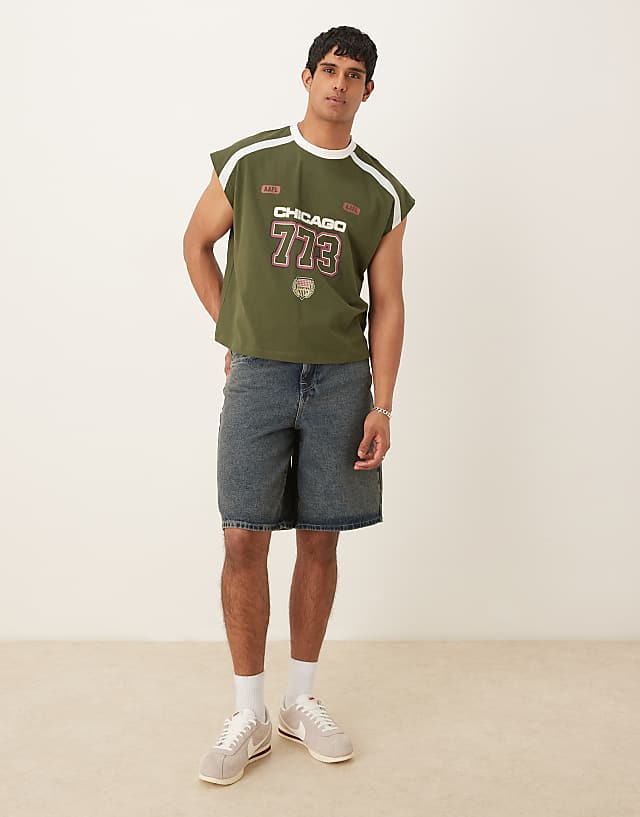 Asos ASOS DESIGN Oversized Dropped Shoulder Vest With Print In Green