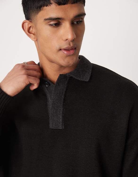 Asos ASOS DESIGN Oversized Fit Knitted Polo In Black With Charcoal Contrast Collar