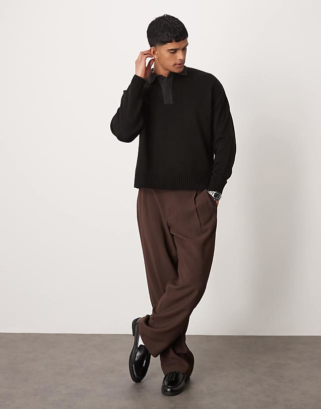 Asos ASOS DESIGN Oversized Fit Knitted Polo In Black With Charcoal Contrast Collar