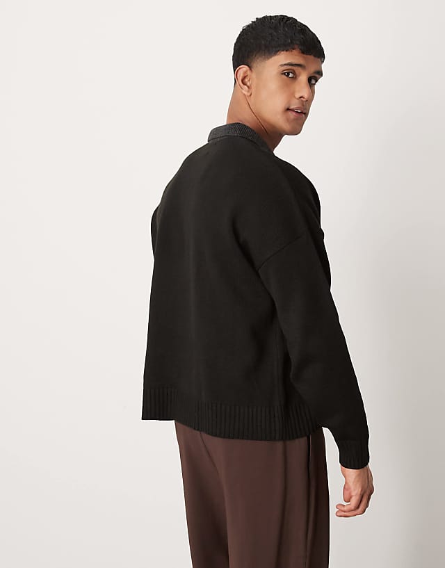 Asos ASOS DESIGN Oversized Fit Knitted Polo In Black With Charcoal Contrast Collar