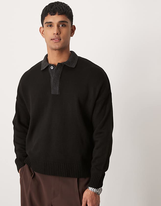 asos ASOS DESIGN oversized fit knitted polo in black with charcoal contrast collar