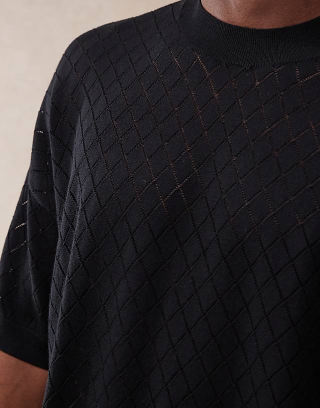 Asos ASOS DESIGN Oversized Fit Pointelle Knitted T-shirt With Argyle Pattern In Black