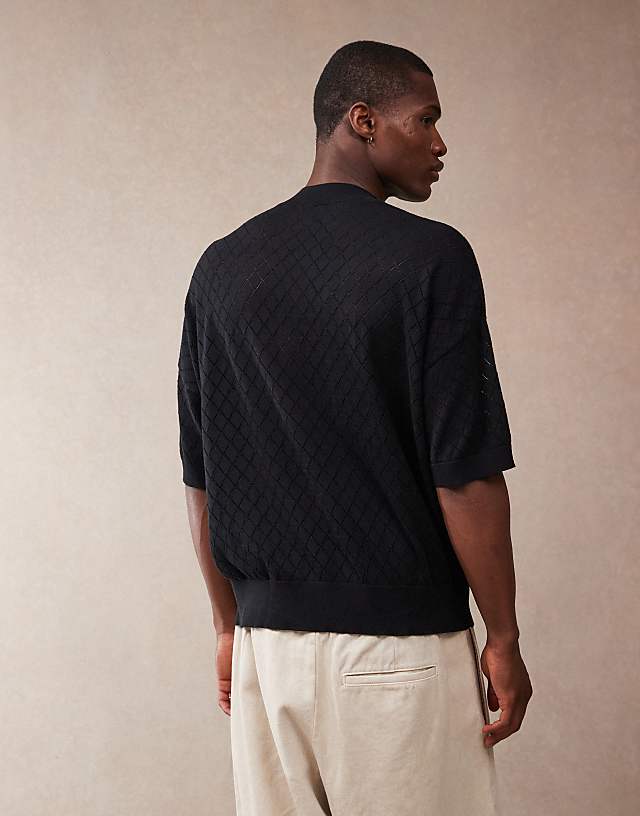 Asos ASOS DESIGN Oversized Fit Pointelle Knitted T-shirt With Argyle Pattern In Black