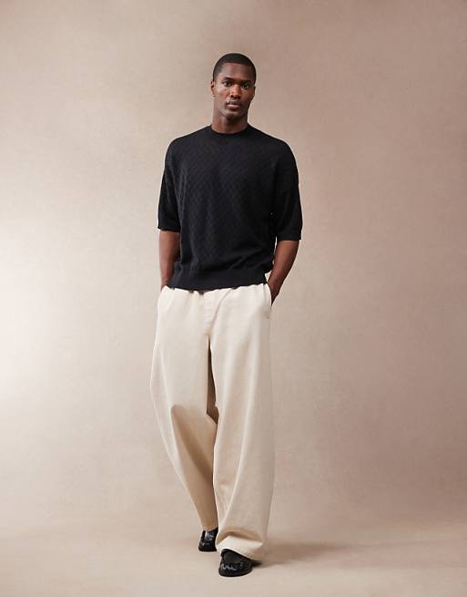 Asos ASOS DESIGN Oversized Fit Pointelle Knitted T-shirt With Argyle Pattern In Black