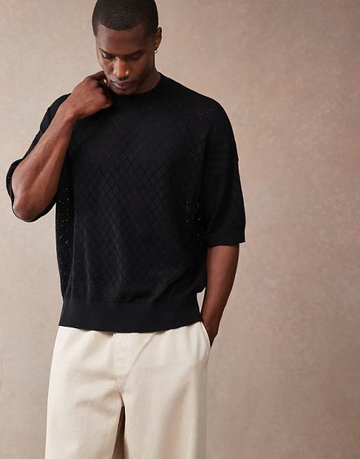 asos ASOS DESIGN oversized fit pointelle knitted t-shirt with argyle pattern in black