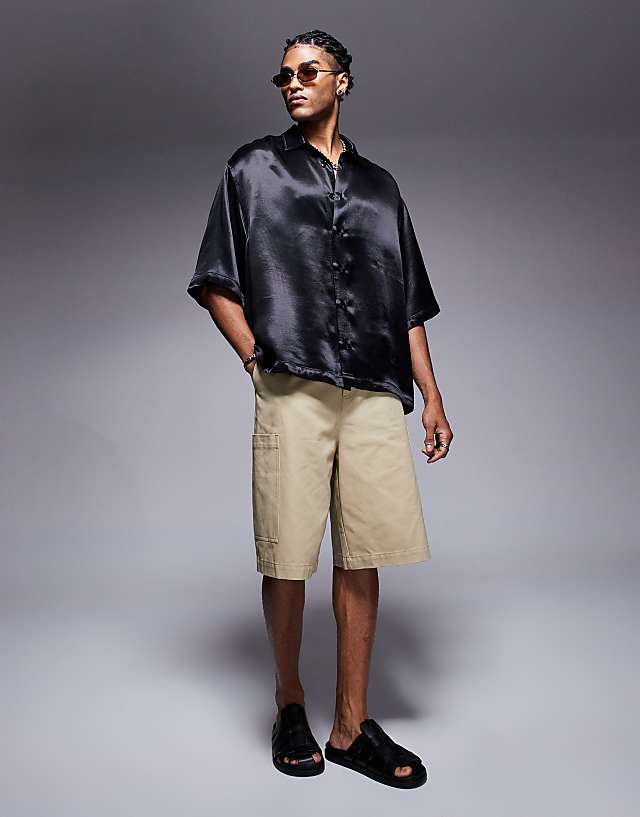Asos ASOS DESIGN Oversized Half Sleeve Satin Shirt In Black