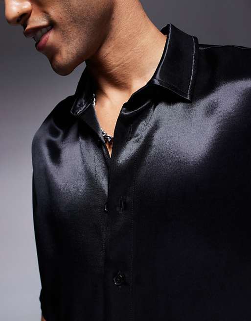 Asos ASOS DESIGN Oversized Half Sleeve Satin Shirt In Black