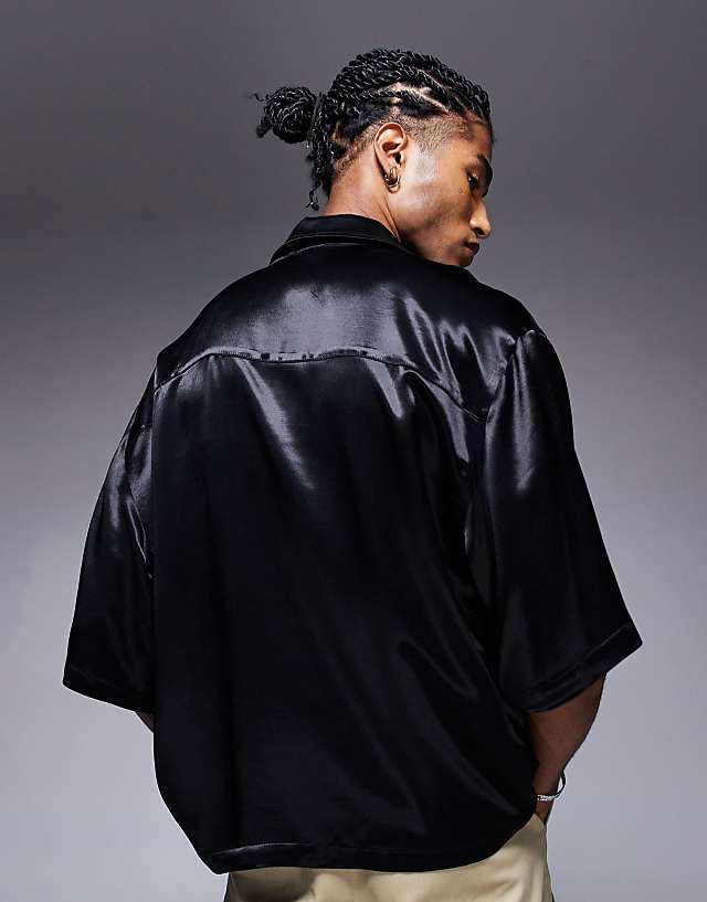 Asos ASOS DESIGN Oversized Half Sleeve Satin Shirt In Black