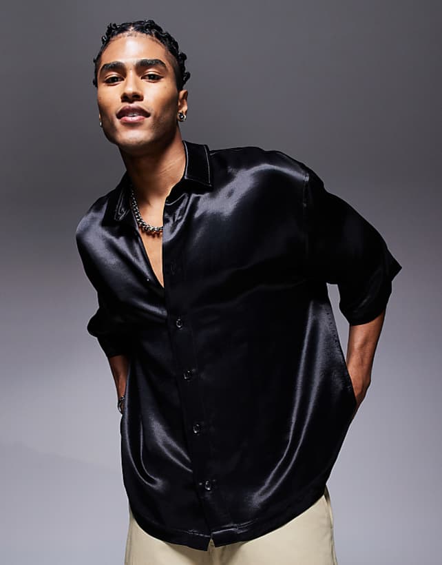 asos ASOS DESIGN oversized half sleeve satin shirt in black