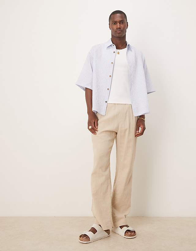 Asos ASOS DESIGN Oversized Half Sleeve Seersucker Stripe Shirt In Blue