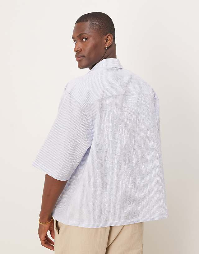 Asos ASOS DESIGN Oversized Half Sleeve Seersucker Stripe Shirt In Blue
