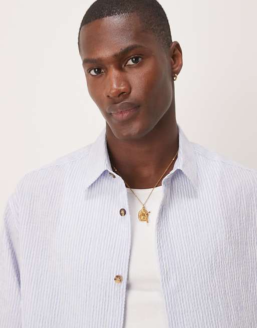 Asos ASOS DESIGN Oversized Half Sleeve Seersucker Stripe Shirt In Blue