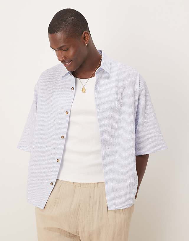 asos ASOS DESIGN oversized half sleeve seersucker stripe shirt in blue