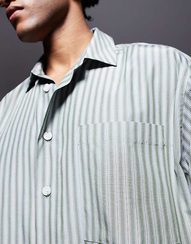 Asos ASOS DESIGN Oversized Half Sleeve Stripe Shirt In Green