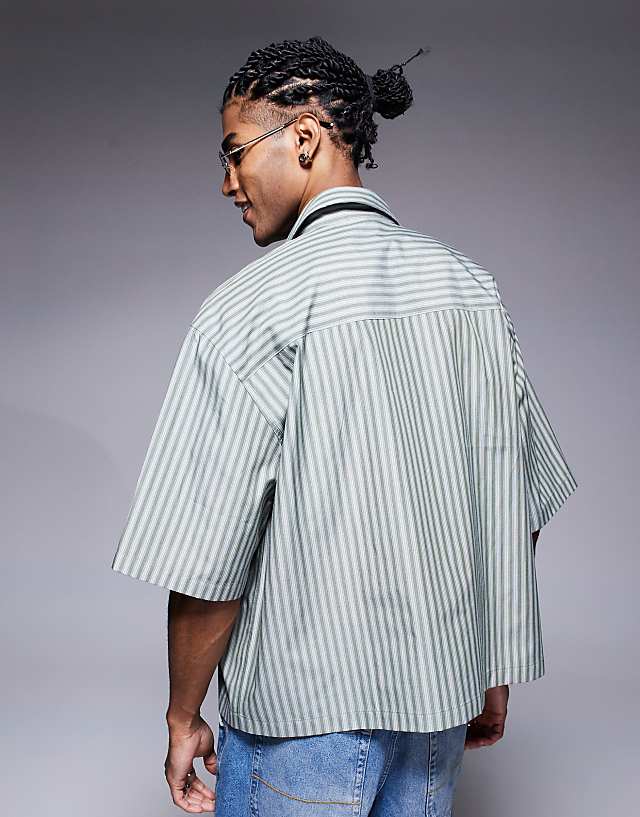 Asos ASOS DESIGN Oversized Half Sleeve Stripe Shirt In Green