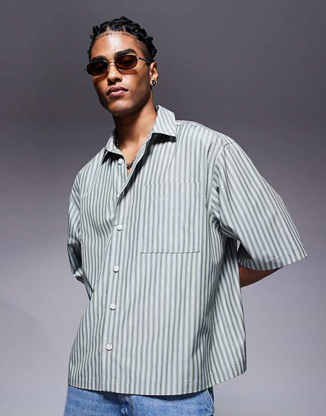 asos ASOS DESIGN oversized half sleeve stripe shirt in green