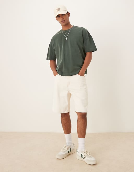 Asos ASOS DESIGN Oversized Half Sleeve T-shirt With Raw Hem In Dark Green