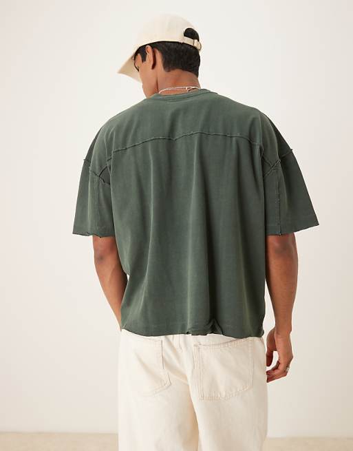 Asos ASOS DESIGN Oversized Half Sleeve T-shirt With Raw Hem In Dark Green