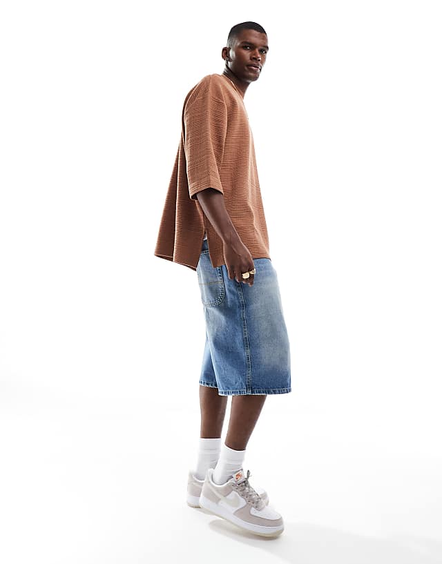 Asos ASOS DESIGN Oversized Half Sleeve Textured T-shirt In Brown