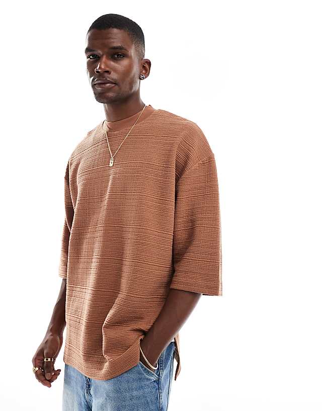 asos ASOS DESIGN oversized half sleeve textured t-shirt in brown