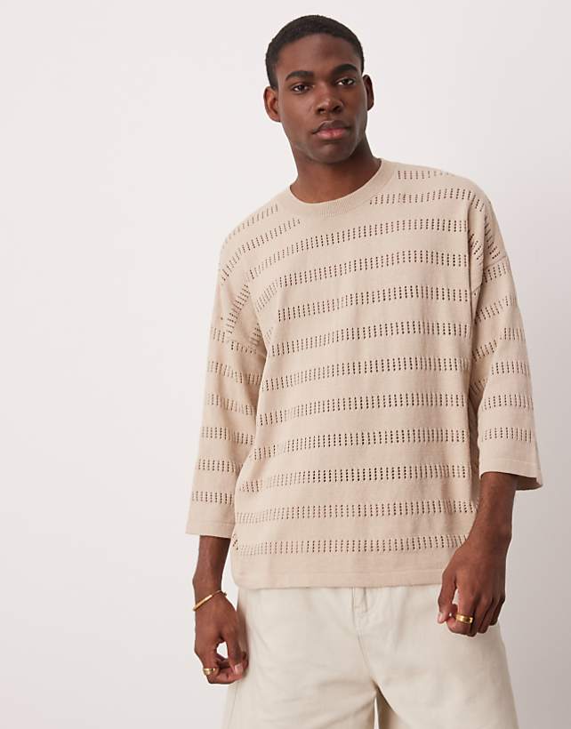 asos ASOS DESIGN oversized knitted t-shirt with stripe in ecru