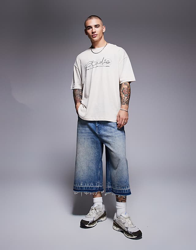 Asos ASOS DESIGN Oversized Linen Blend T-shirt With Text Graphic In Cream