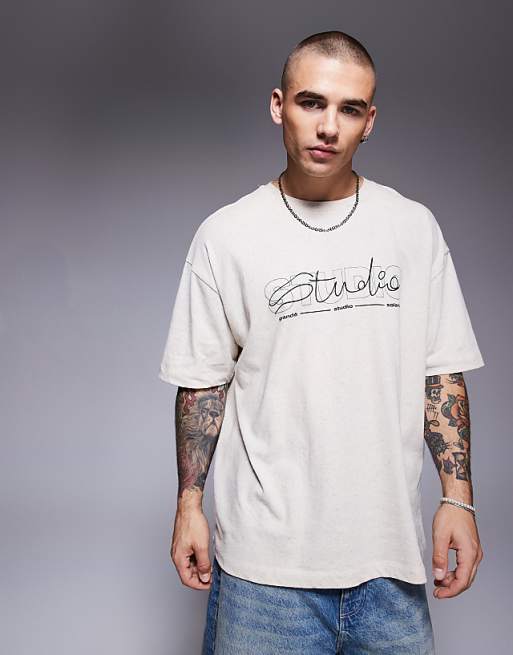 Asos ASOS DESIGN Oversized Linen Blend T-shirt With Text Graphic In Cream