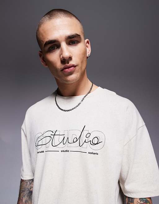 asos ASOS DESIGN oversized linen blend t-shirt with text graphic in cream