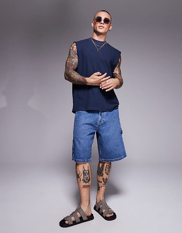 Asos ASOS DESIGN Oversized Linen Blend Tank In Navy