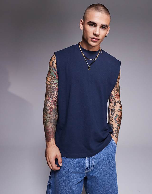 asos ASOS DESIGN oversized linen blend tank in navy