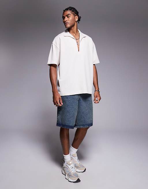 Asos ASOS DESIGN Oversized Linen Look Rib Polo In Beige
