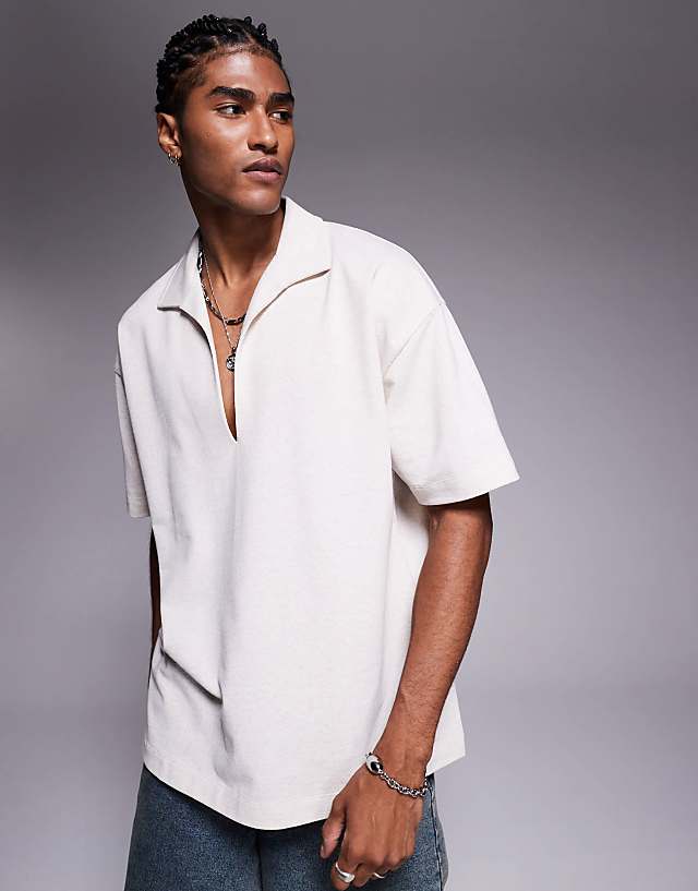 asos ASOS DESIGN oversized linen look rib polo in beige