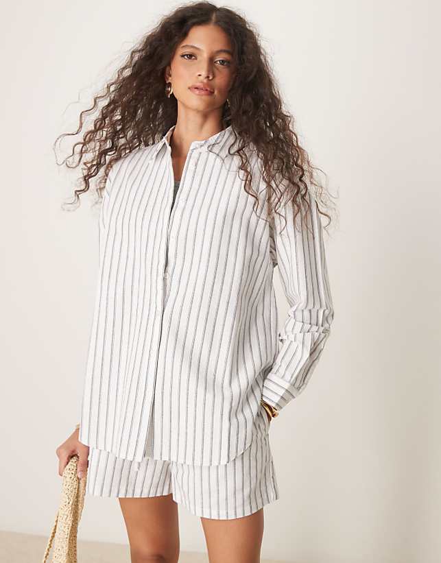 asos ASOS DESIGN oversized linen look shirt co-ord in black stripe