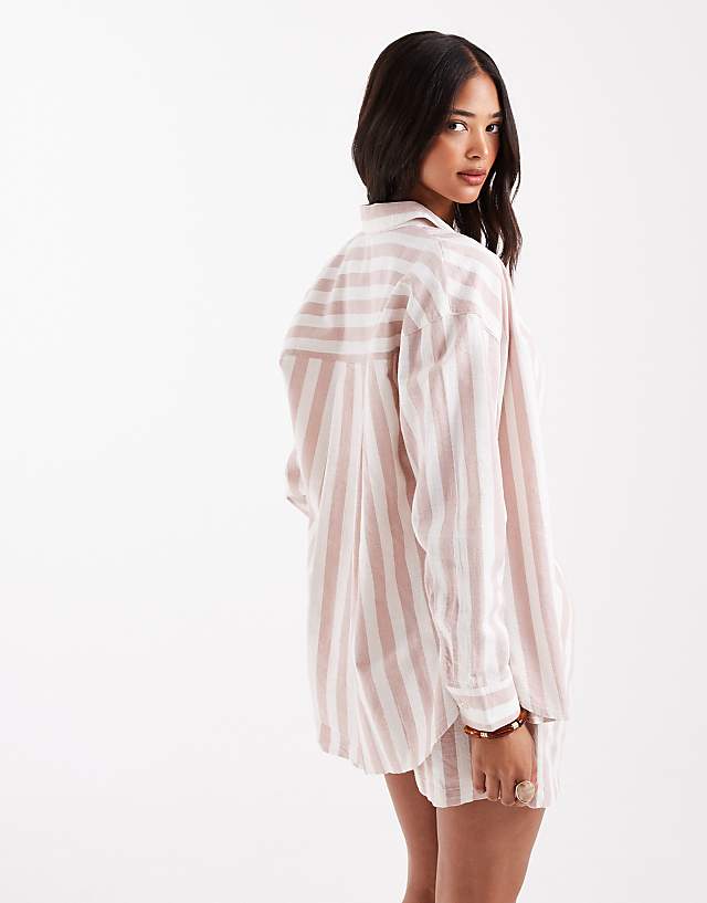 Asos ASOS DESIGN Oversized Linen Look Shirt Co-ord In Mink Stripe