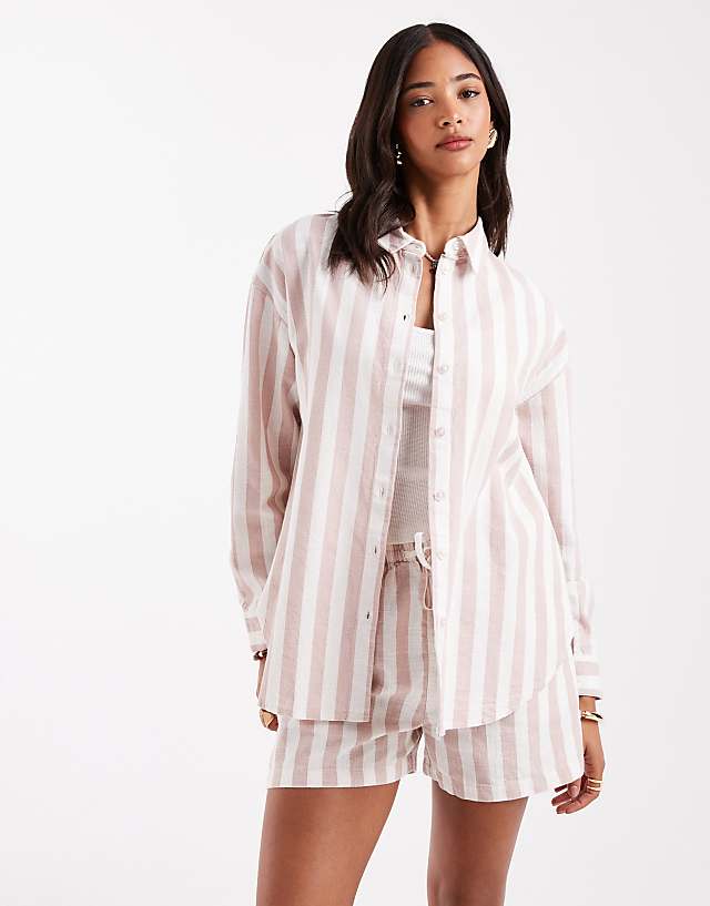 asos ASOS DESIGN oversized linen look shirt co-ord in mink stripe