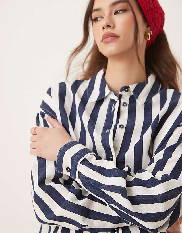 Asos ASOS DESIGN Oversized Linen Look Shirt Co-ord In Navy Stripe